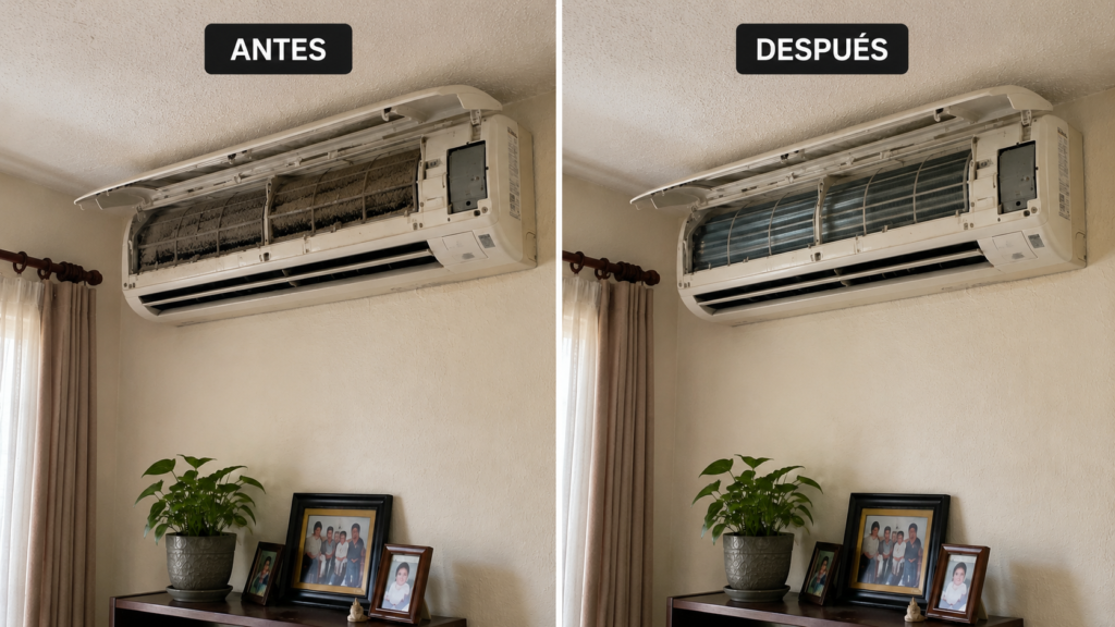 antes y despues de un servicio de mantenimiento profesional de aire acondicionado