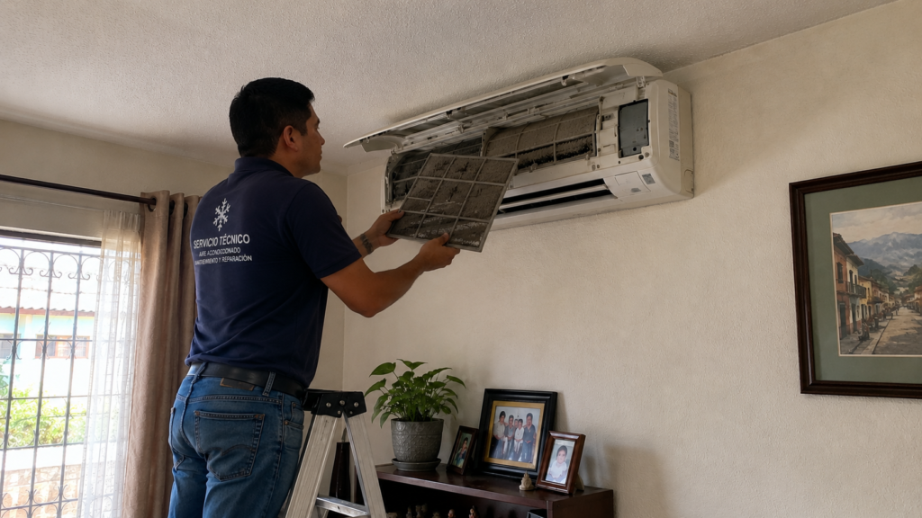 Tecnico haciendo limpieza de los filtros de un mini split en guatemala